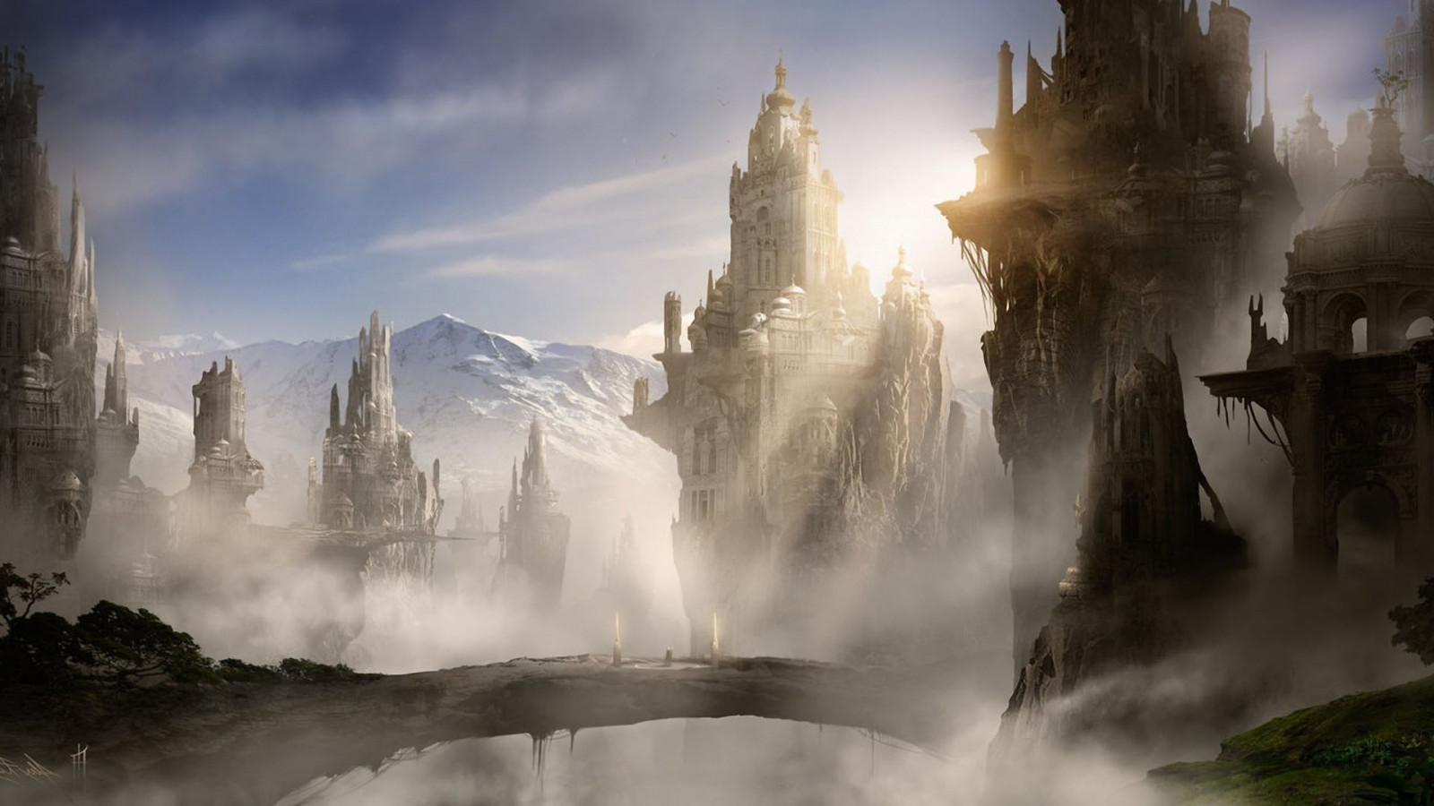 vodopád, fantasy umění, město, voda, odraz, zima, ráno, mlha, mrak, počasí, 1920x1080 px, atmosférický jev, počítač tapeta, vodní prvek