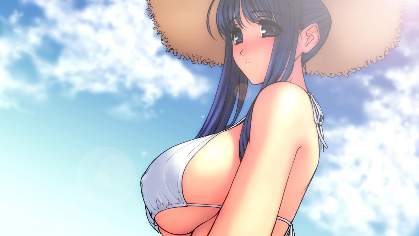 modello, capelli lunghi, anime, anime girls, cappello, grandi tette, capelli neri, capelli, bocca, bikini, tette, costumi da bagno, capi di abbigliamento, bikini bianco, ragazza, bellezza, biondo, acconciatura, corpo umano, interazione, rotocalco idolo, indumento intimo