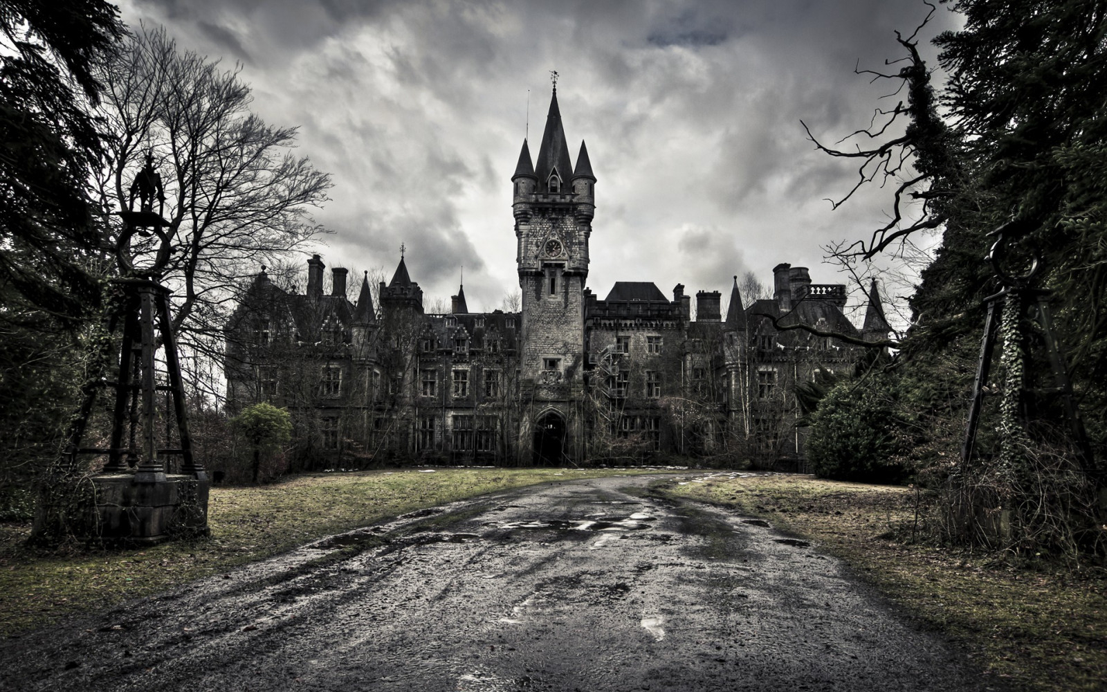 monocromo, costruzione, castello, rovine, chateau, Abbazia, albero, bianco e nero, fotografia in bianco e nero