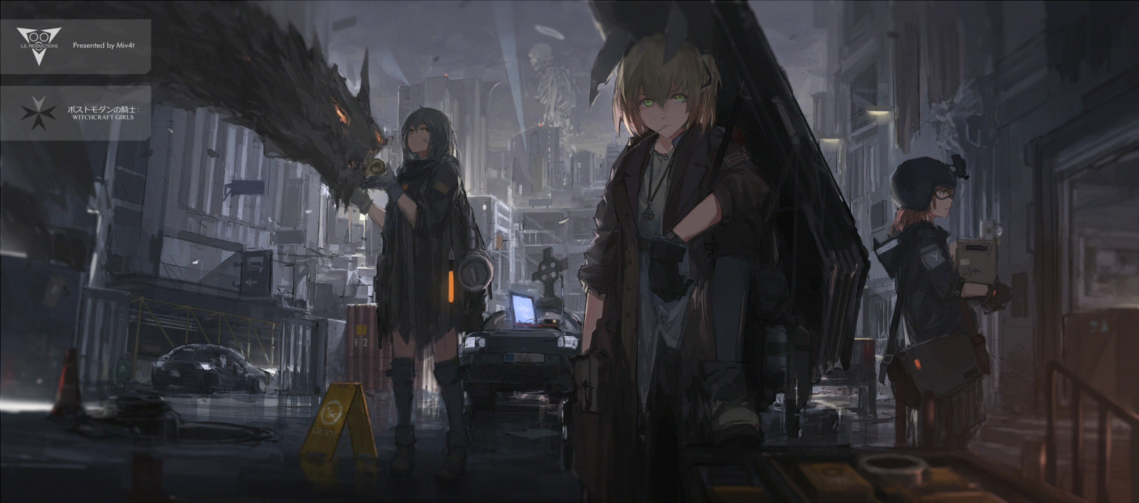 anime, anime dívky, Miv4t, drak, auto, varovné značky