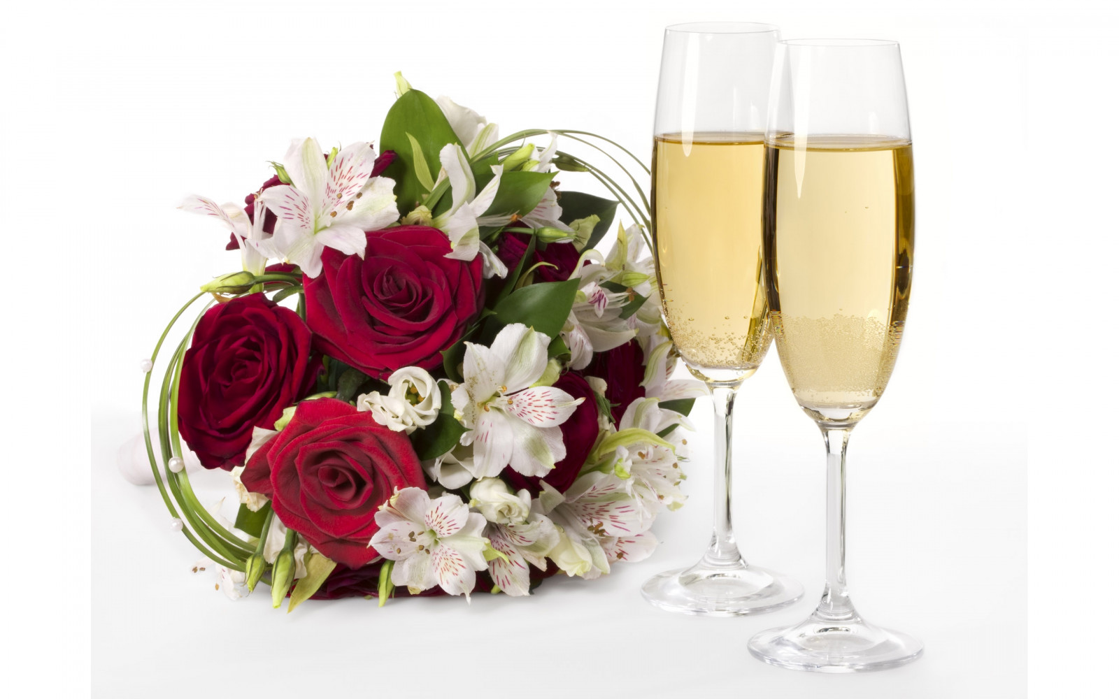 Wallpaper flowers, glasses, wine, drink, champagne, bouquets, lilies