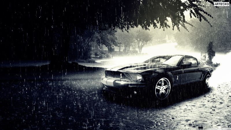 černobílý, noc, auto, sníh, vozidlo, Ford Mustang černobílý, noc, auto, sníh, vozidlo, Ford Mustang