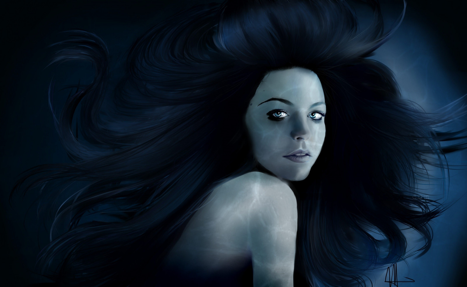2880x1775 px, Obra de arte, ojos azules, morena, pelo largo, mujer
