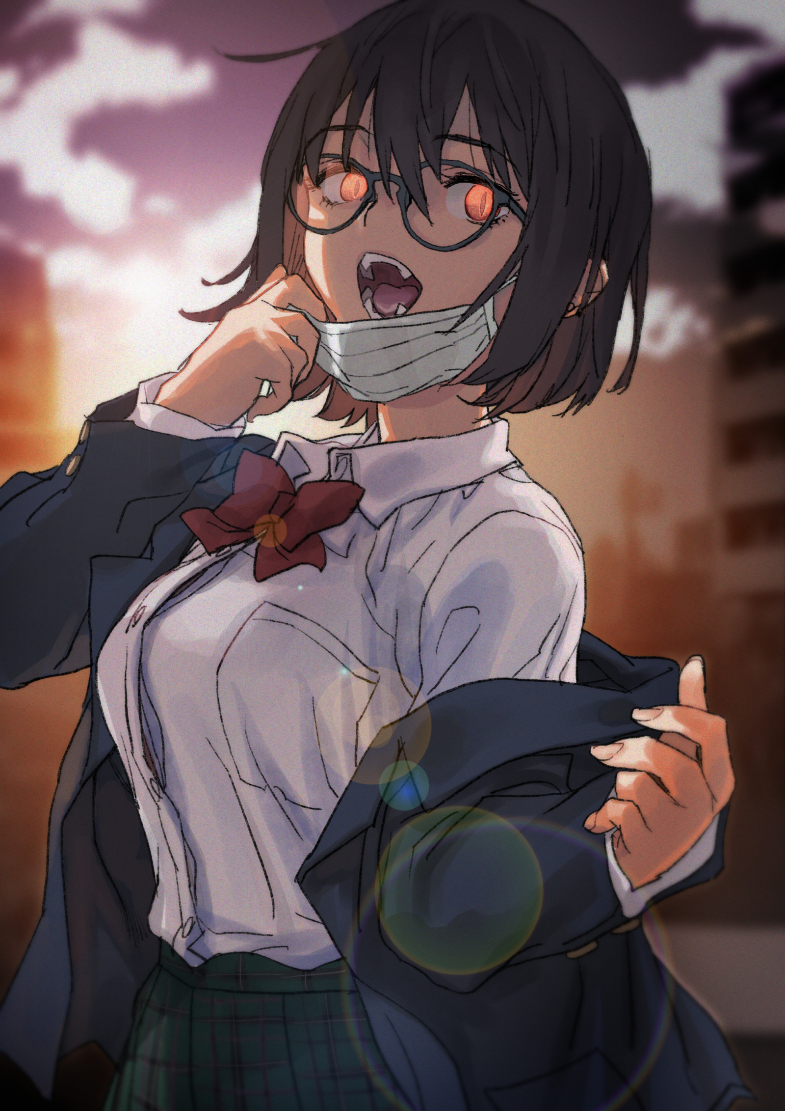 动画片, 手势, 翅膀, 黑发, cg artwork, 艺术, 绘画, 长发, 插图, 画画, 爆炸, 虚构人物, 棕色的头发, Animated cartoon, 小说, 动漫, 动画, 胭脂红, 服装, ime切, 坐着, 眼镜, 快乐