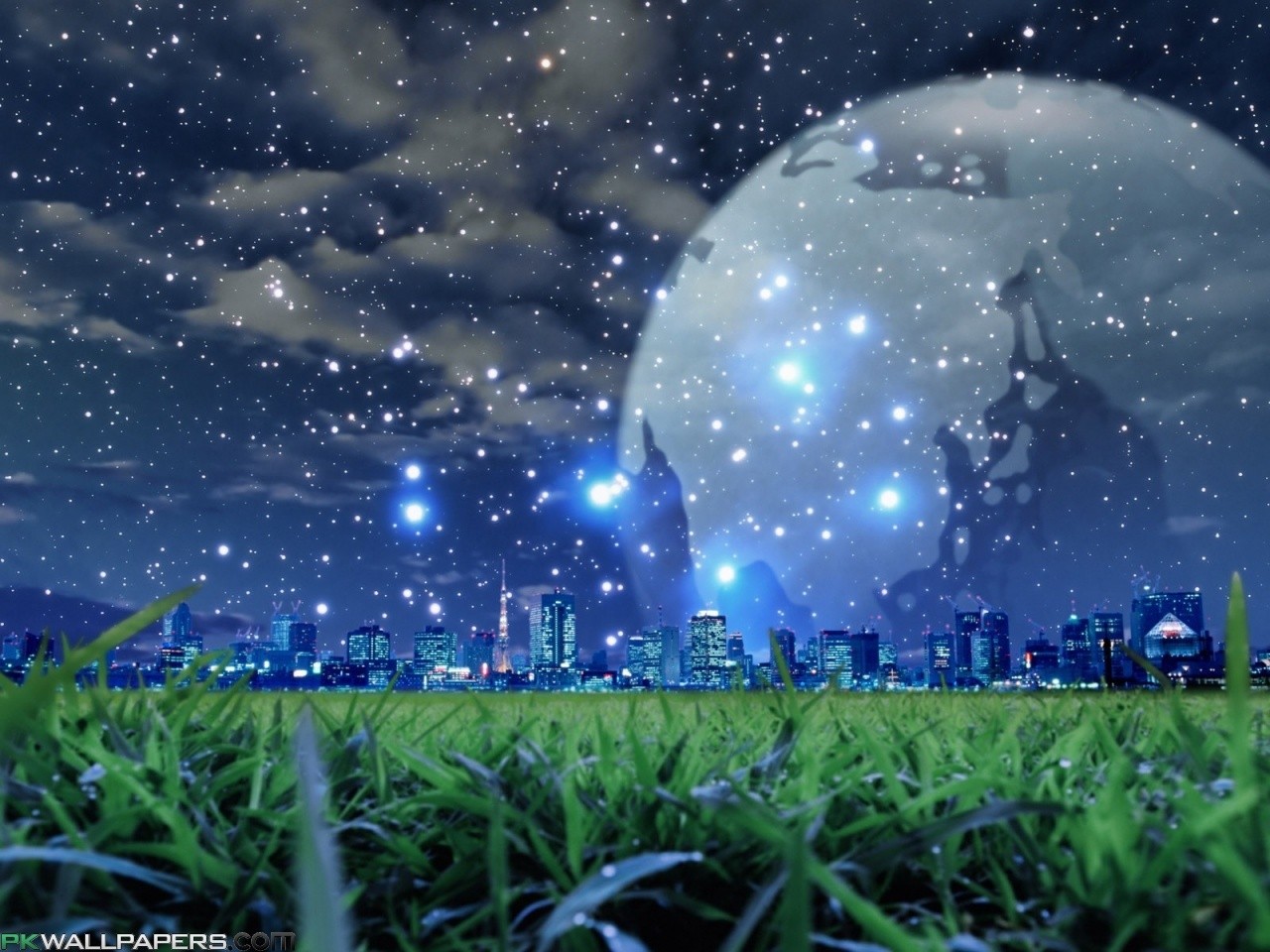 sollys, nat, plads, græs, himmel, stjerner, Måne, skyskraber, frøperspektiv, skærmbillede, computer tapet, atmosfære af jord
