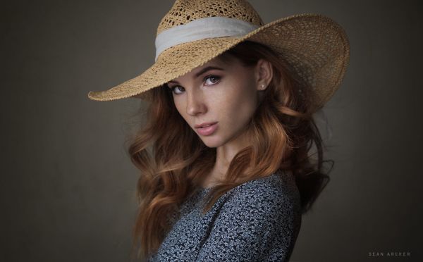 women,redhead,simple background,face,hat,long hair