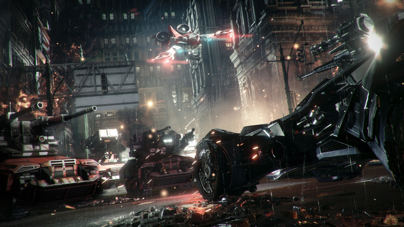 videohry, Batman Arkham Knight, Bat-man, Batmobile, Rocksteady Studios, Gotham City, Snímek obrazovky, pc hry