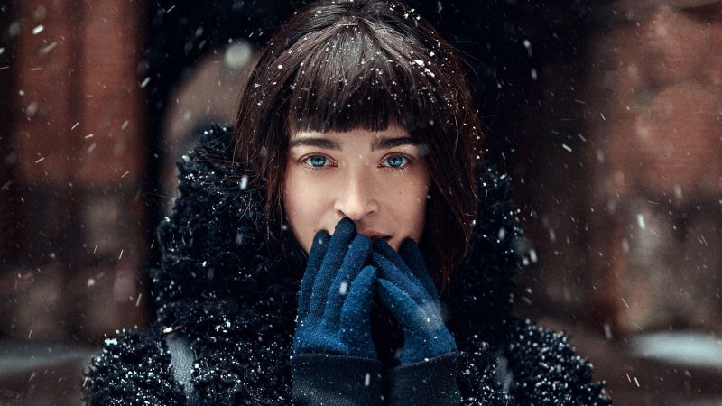 față, femei, model, portret, ochi albaștrii, zăpadă