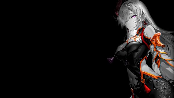 Shenhe Genshin Impact,Genshin Impact,simple background,dark background
