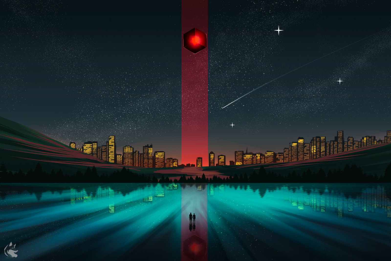 cube, skyscraper, sky, stars, clear sky, lake, reflection, digital, meteorite