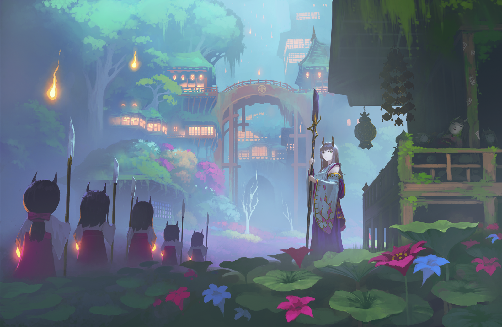 Wallpaper : anime, artwork, forest, tree house, blue flowers 2000x1303
