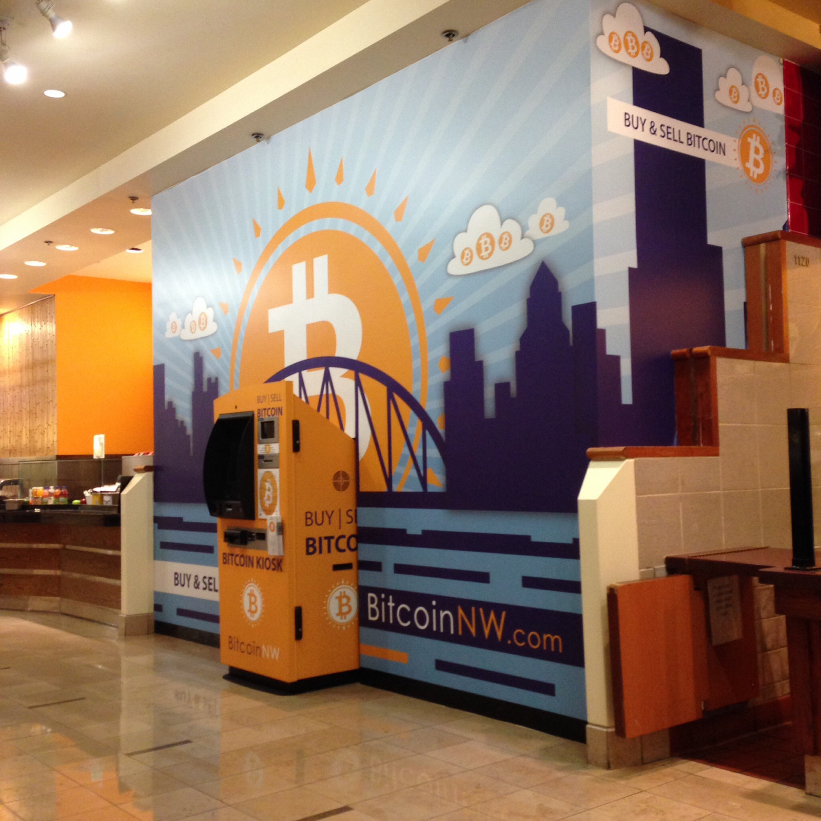 stěna, Vzhled interiéru, Bitcoin, nástěnná malba, Portland, výstava, design, bankomat, reklamní, turistická atrakce, Žaluzie okna, zobrazovací jednotka, signage