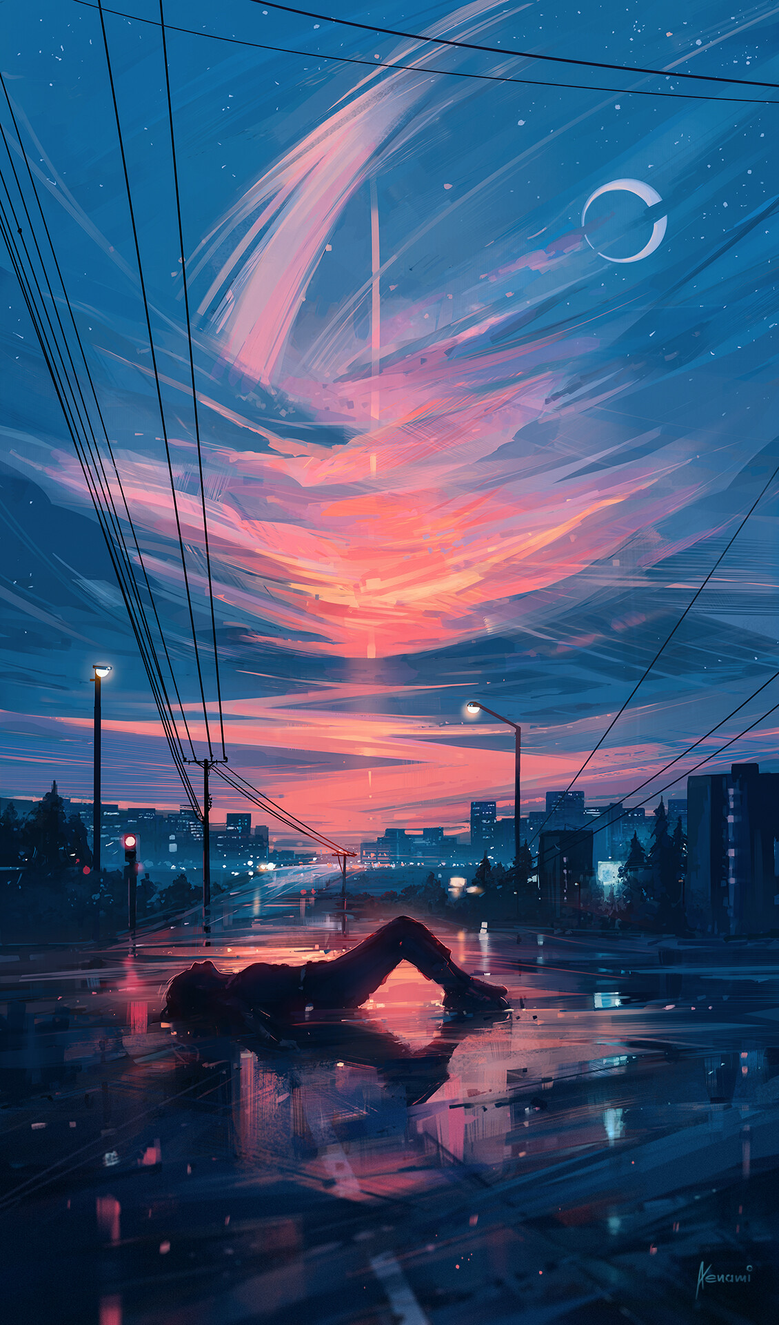 himmel, atmosfære, vand, blå, efterglød, orange, elektricitet, solnedgang, skumring, linje, rød himlen om morgenen, gadebelysning, solopgang, Tints and shades, horisont, bygning, elektrisk blå, berolige, magenta, træ, himmellegeme, plads, varme, public utility, afspejling, by, landskab, luftledning, elforsyning, KUNST, aften, lens flare, vinter, nat, daggry, ocean, symmetri, mørke, tråd, skrifttype, hav