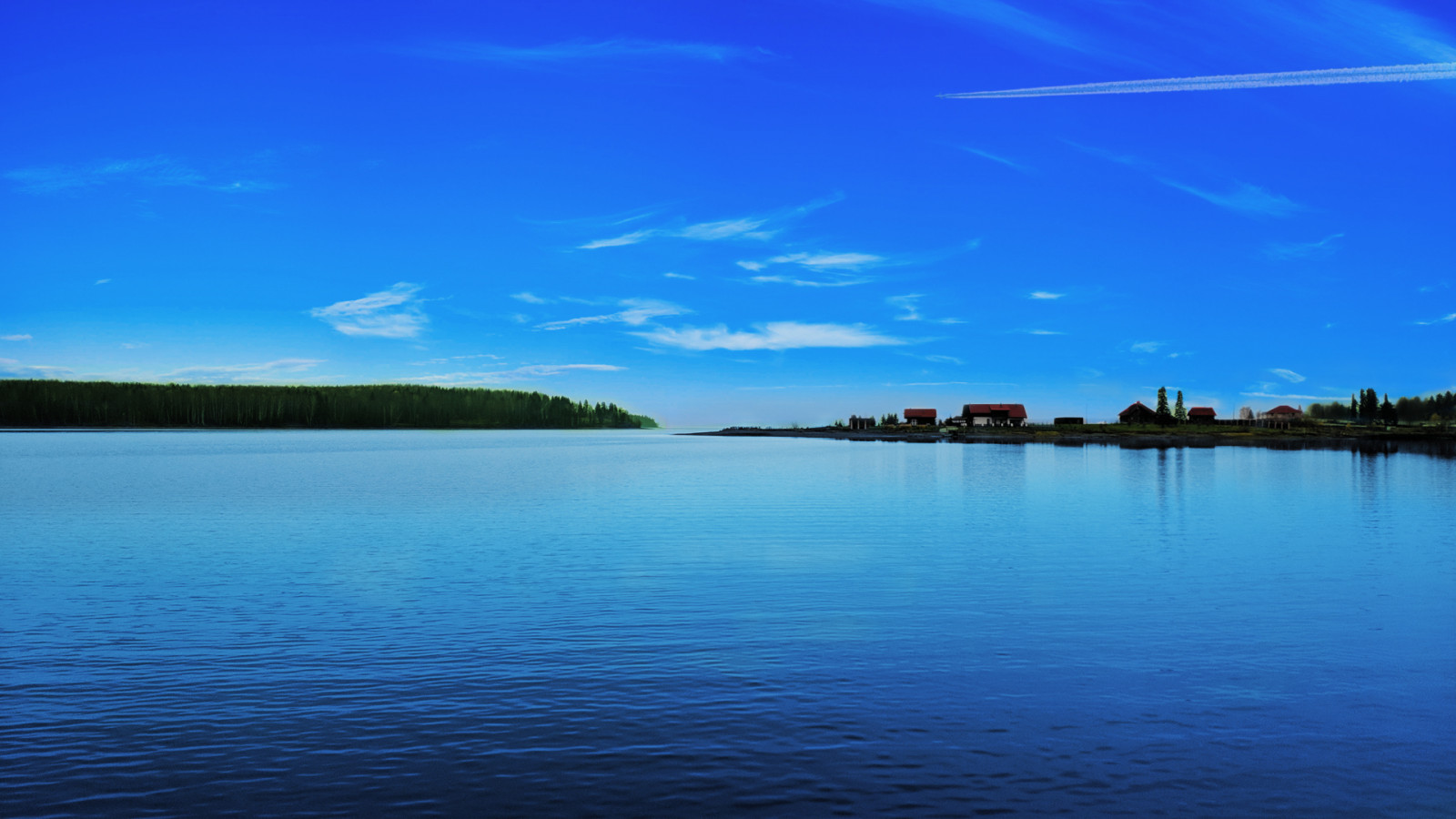 nebe, jezero, řeka, mraky, krajina, modrý, vesnice, horizont, letadlo, contrail, voda