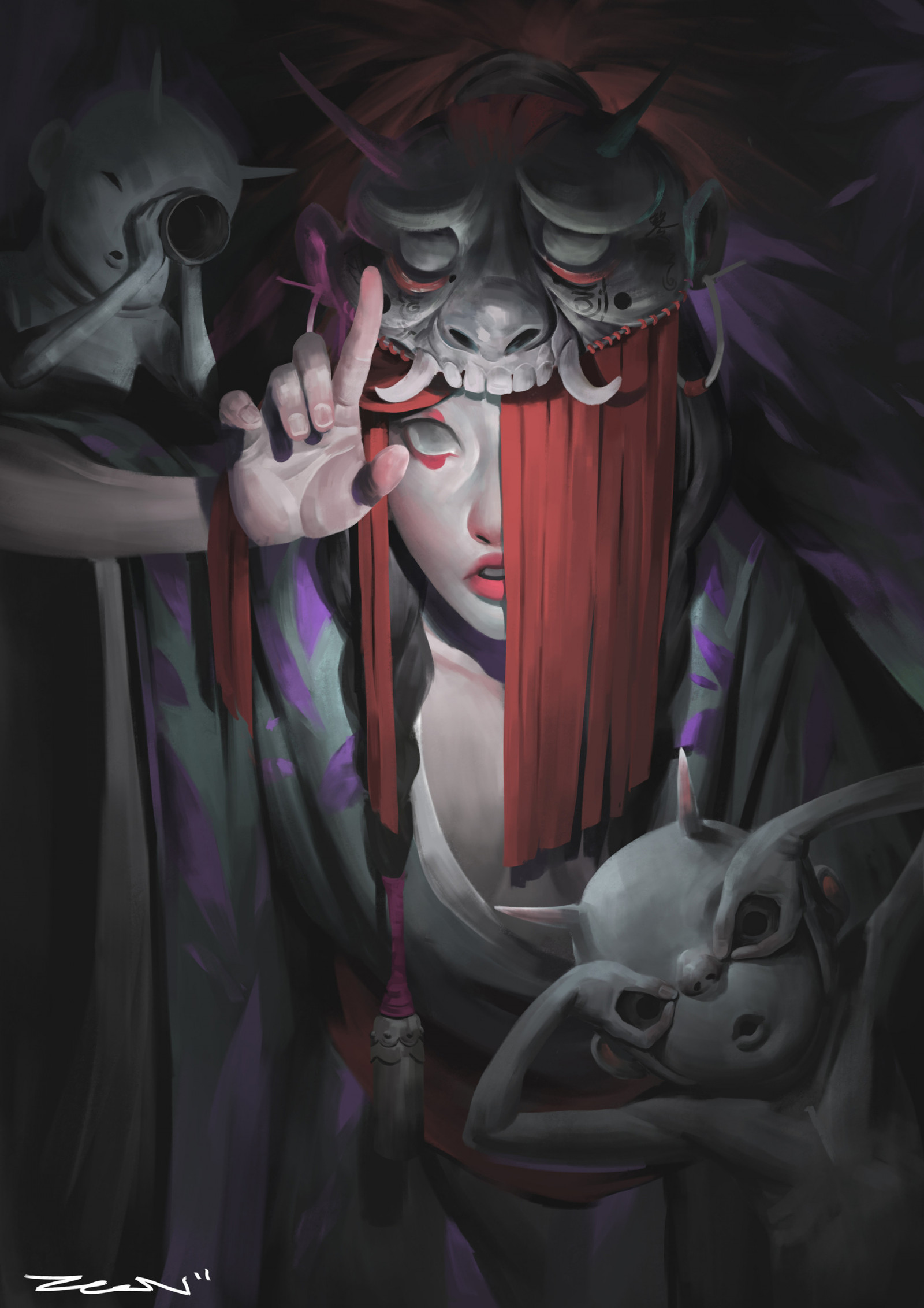 обои : Зин Чин, женщины, Рыжая, платье, Маска, Рисование 1920x2716 - OrionS...