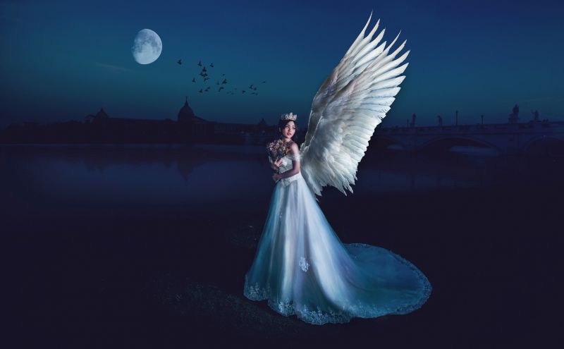 ženy, fantasy umění, noc, anděl, modrý, měsíční svit ženy, fantasy umění, noc, anděl, modrý, měsíční svit