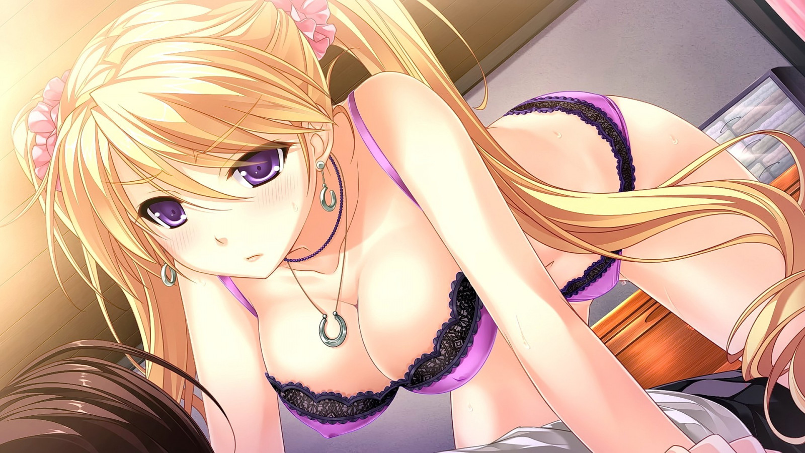 blond, Kigger væk, langt hår, anime, Anime piger, tegneserie, sort hår, bh, hår, mund, trusser, violette øjne, tegneserier, undertøj, tøj, Kujou Karen, Tsukumo ingen Kanade, Sarusuberi Hifumi, mangaka, interaktion, undertøjet