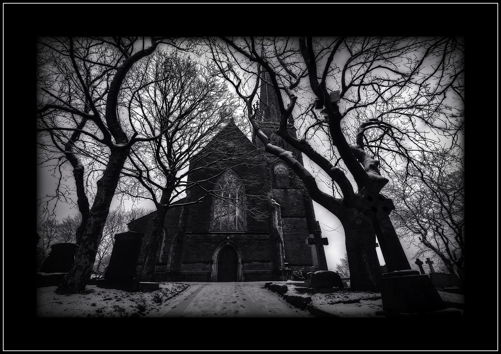 stromy, světlo, Anglie, tělesné, kostel, černobílý, hřbitov, hřbitov, Mono, Černá bílá, stíny, cesta, Lancashire, strašidelný, stthomaschurch, náhrobky, Rochdale, newhey