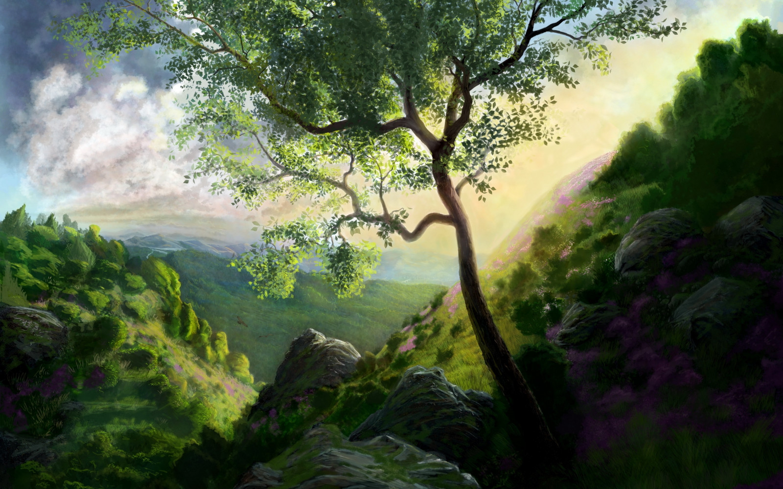 Wallpaper tree, painting, mountains, ART, landscape 2560x1600
