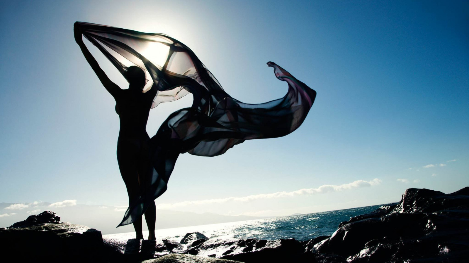 sportovní, ženy venku, ženy, model, moře, Příroda, stín, skákání, silueta, paže nahoru, extrémní sport