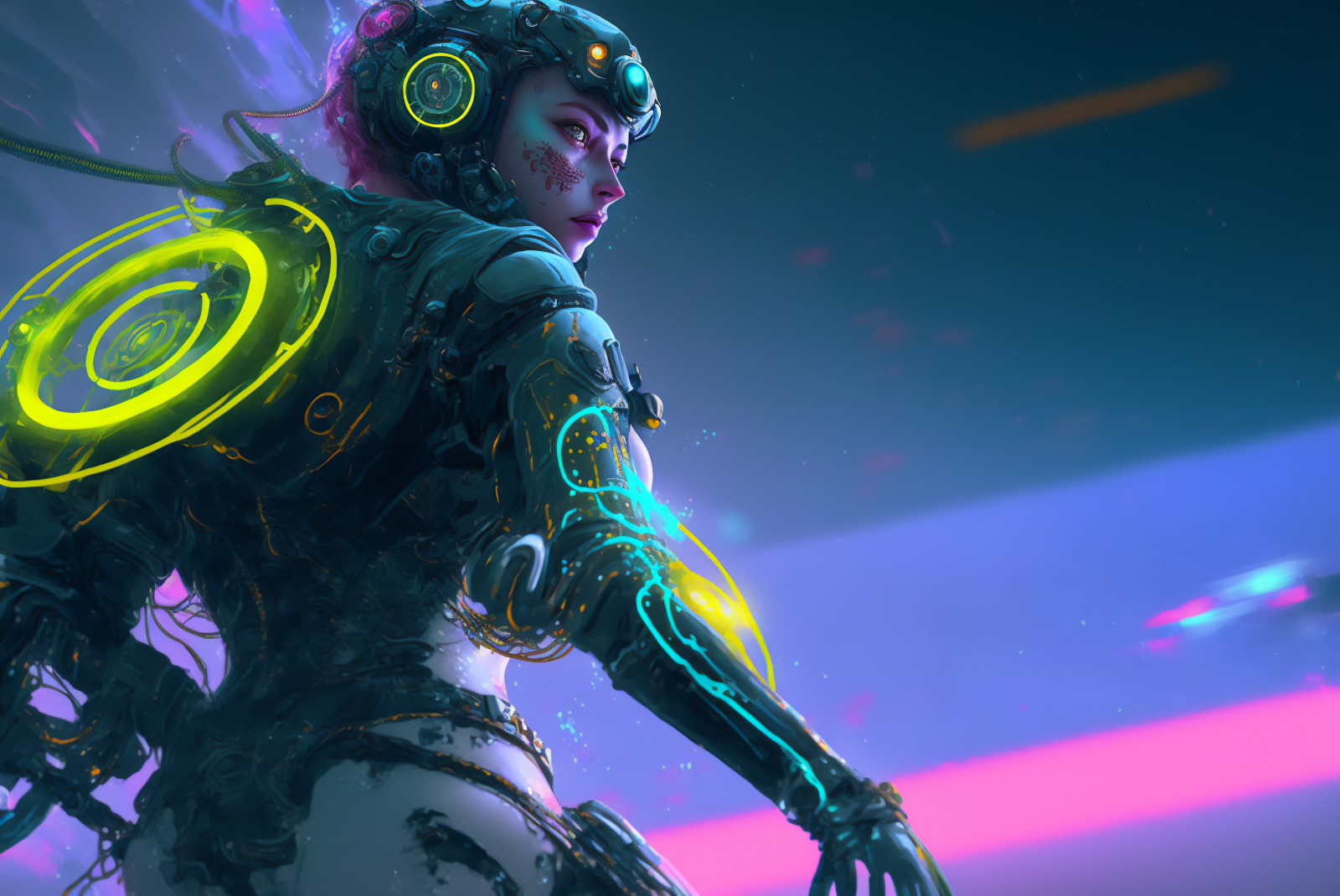 ai art, sci-fi, tron, cyberpunk, ženy, cyborg, futuristický