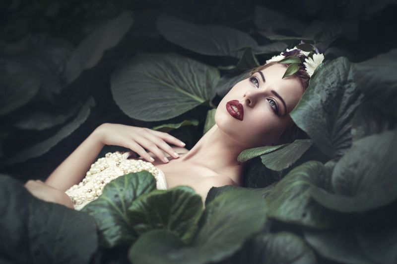 ženy, fantasy umění, listy, model, květiny, fotografování ženy, fantasy umění, listy, model, květiny, fotografování