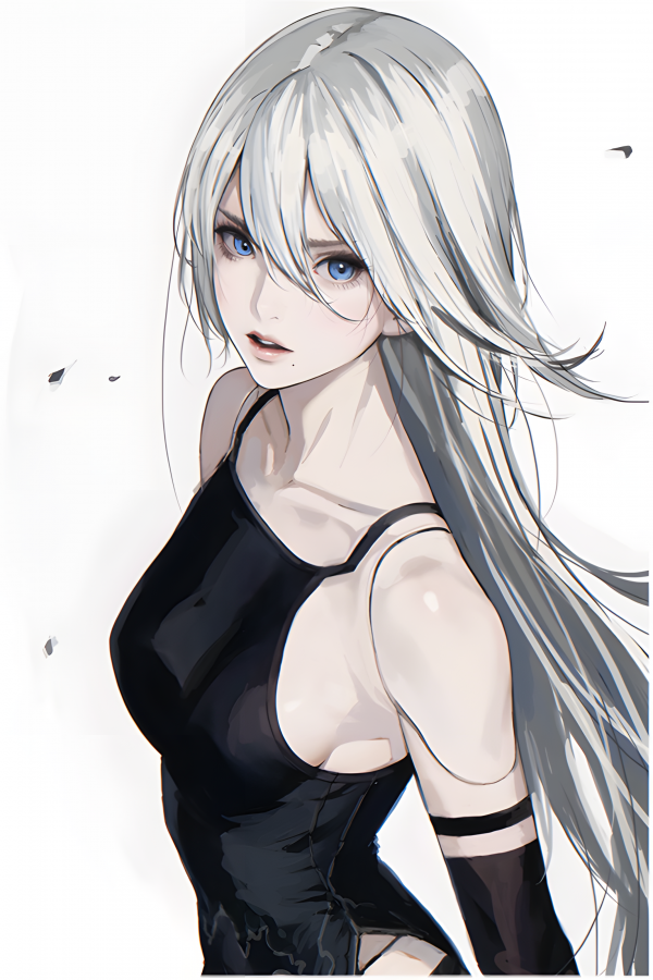 D K,dkground,Nier Automata,looking at viewer,simple background,long hair