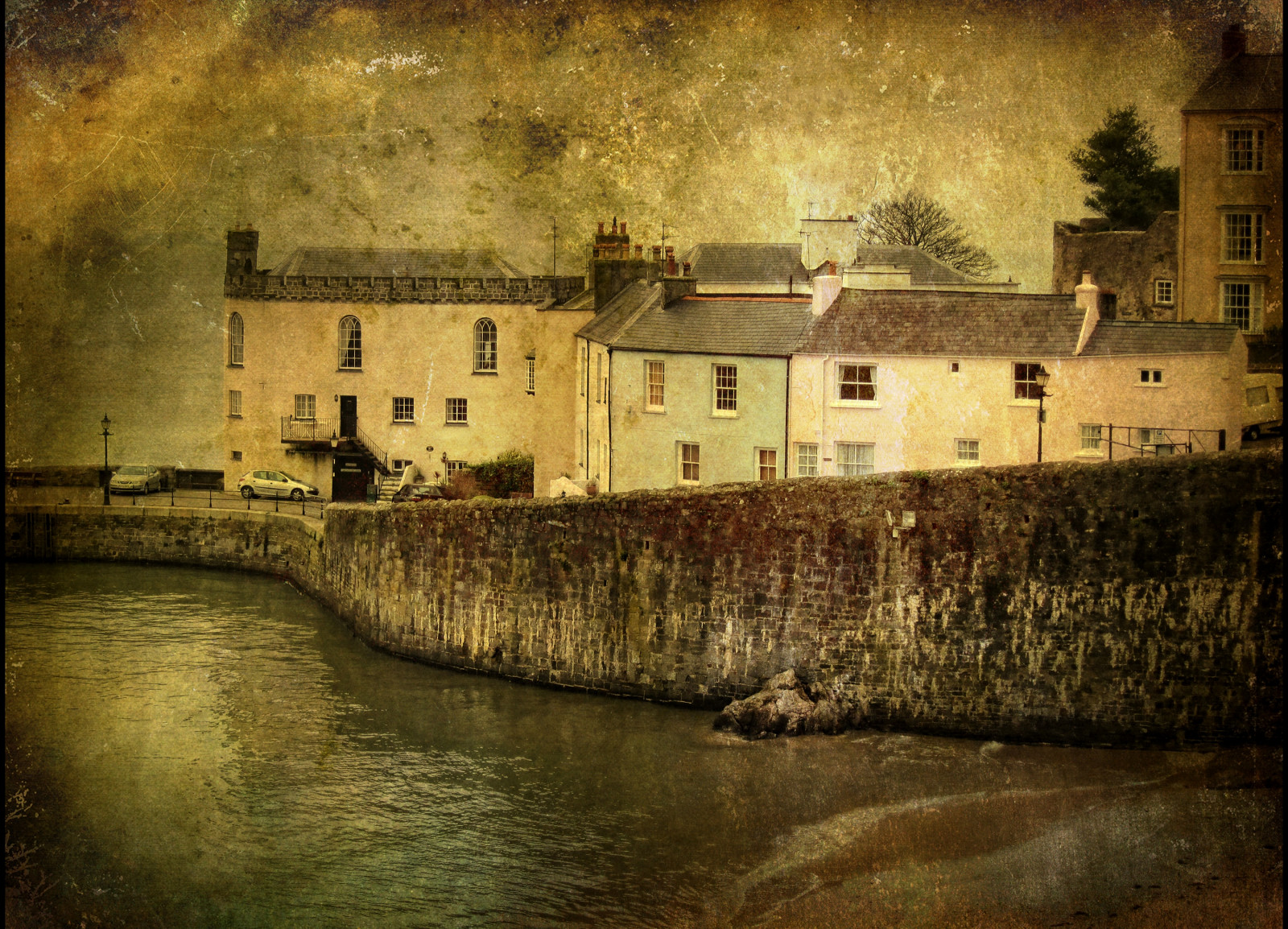 moře, záliv, noc, odraz, pláž, Dům, vesnice, večer, ráno, hrad, kanál, Wales, zámek, Tenby, přístav, hradní příkop, tatot, zedzap, vodní, dávná historie