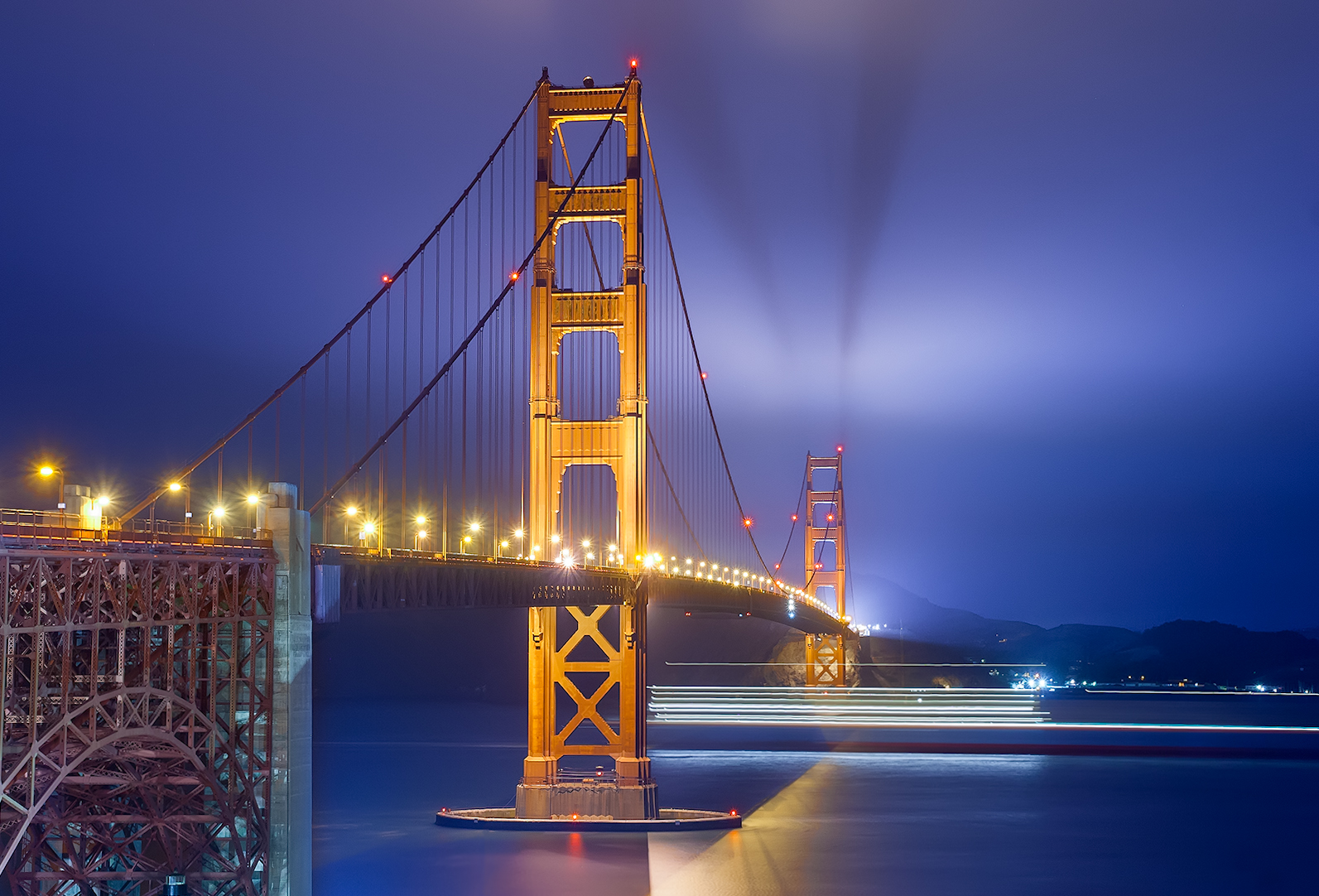 světla, loď, panoráma města, noc, odraz, vozidlo, mrakodrap, modrý, večer, věž, most, Kalifornie, Spojené státy americké, zlato, soumrak, světlo, dlouho, expozice, zlatý, mlha, mezník, sanfrancisco, Sausalito, Zlatá brána, lighttrail, tamron1750, canon350d, digitalrebelxt, shiptrail