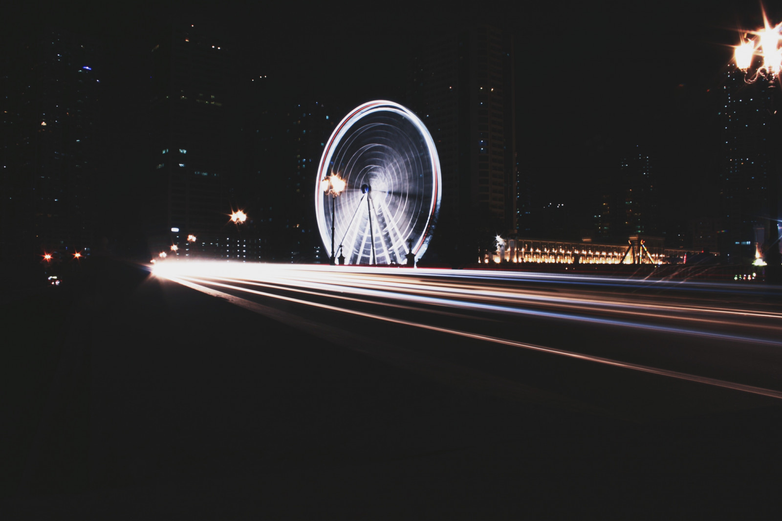 wheel, rotation, city, night