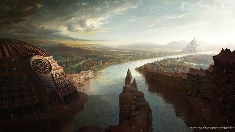 slunečnímu záření, digitální umění, fantasy umění, moře, západ slunce, panoráma města slunečnímu záření, digitální umění, fantasy umění, moře, západ slunce, panoráma města