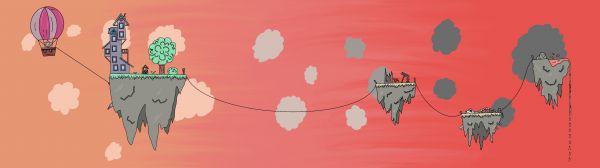 house,clouds,floating island,skeleton,wide image,calm