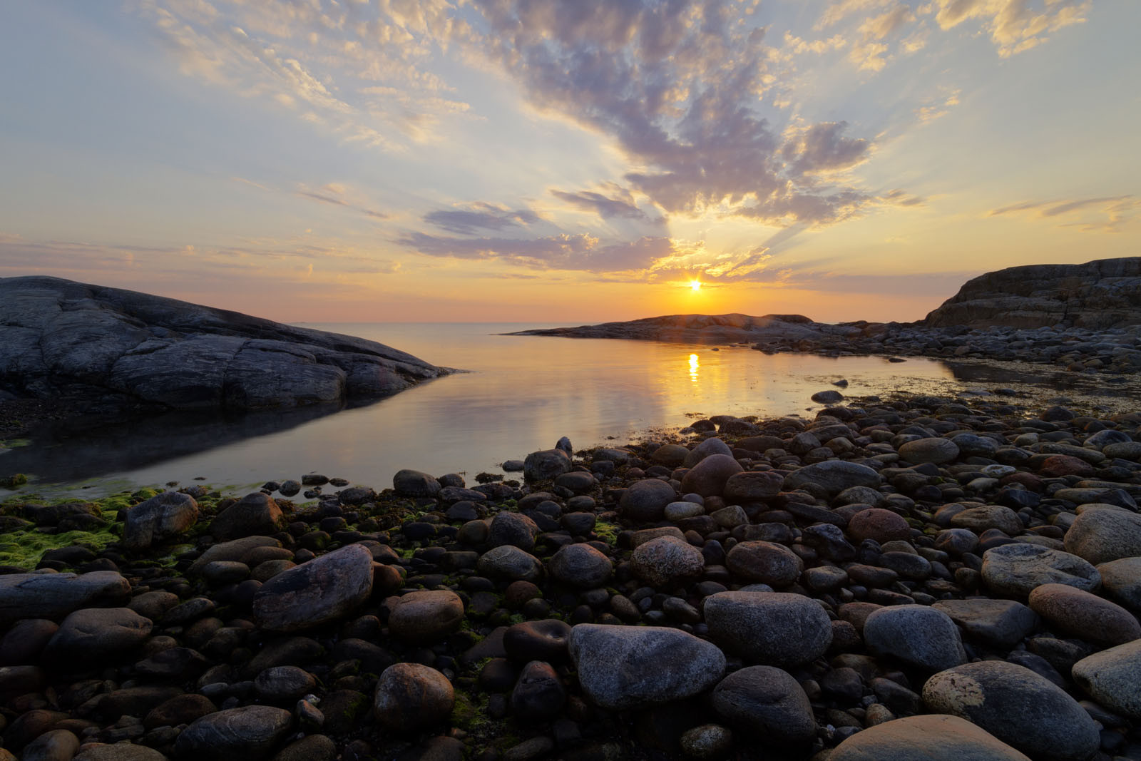 Wallpaper sunlight, sunset, sea, bay, rock, shore, stones, beach