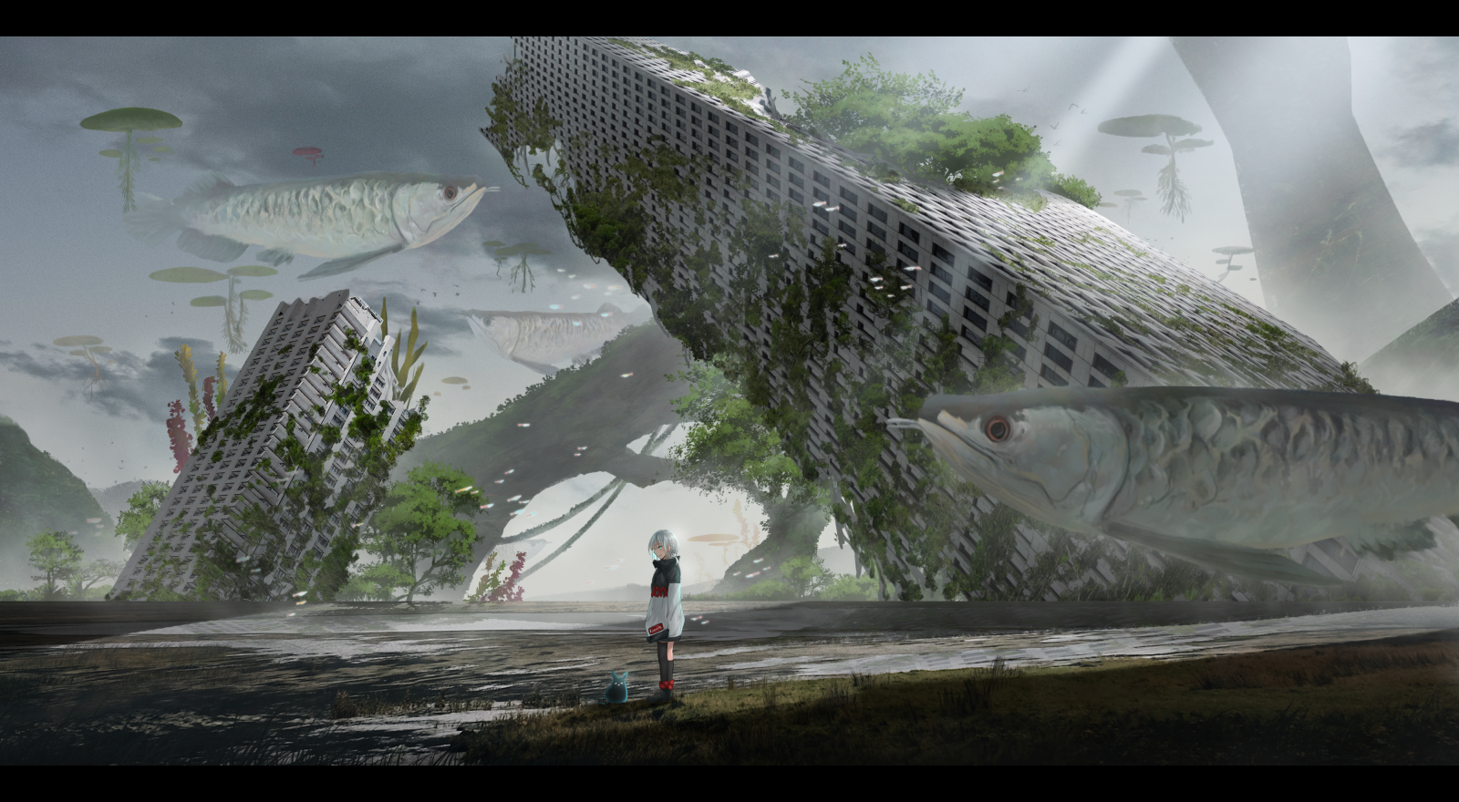 zřícenina, budova, Ryba, arowanas, Pod vodou, lekníny, Příroda, fantasy umění, anime dívky