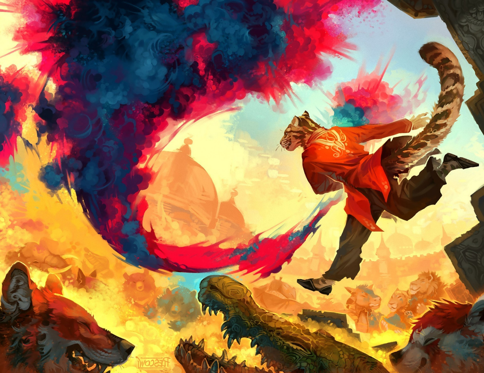 la pittura, illustrazione, peloso, Anthro, mitologia, ARTE, autunno, fiore, immagine dello schermo, sfondo del computer, arte Moderna, colori acrilici, 1920x1483 px