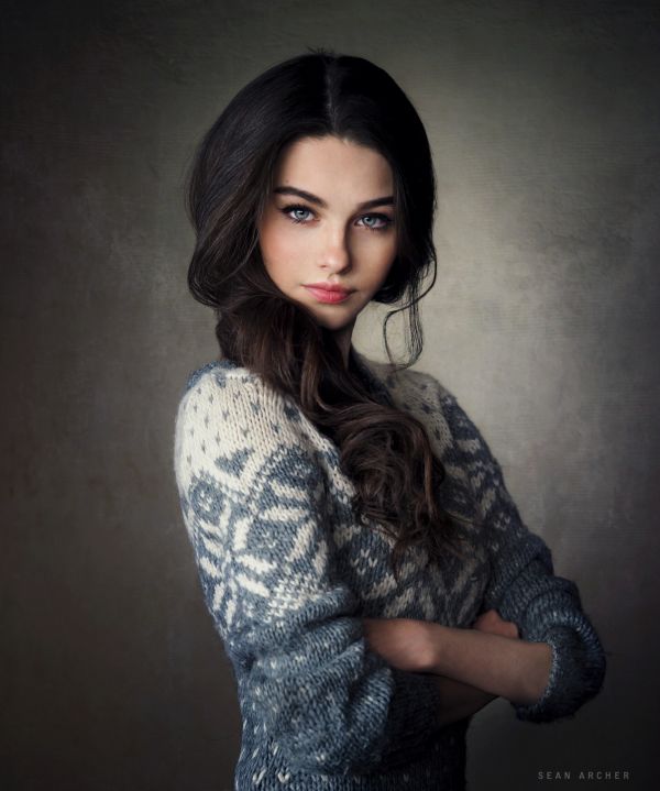 women,model,looking at viewer,Sean Archer,simple background,sweater