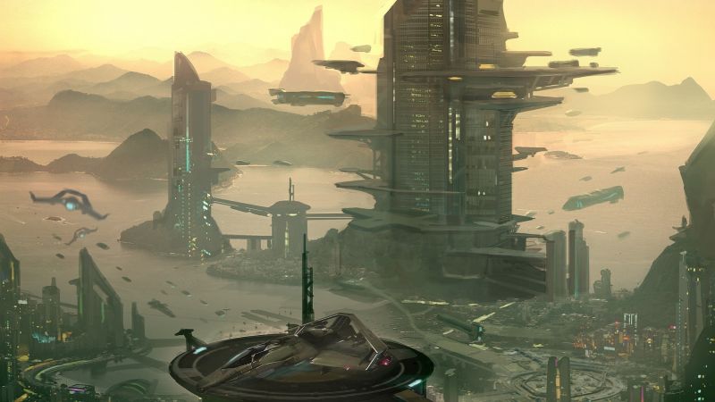 Digital kunst, bybilledet, science fiction, plads, soldat, skyskraber Digital kunst, bybilledet, science fiction, plads, soldat, skyskraber