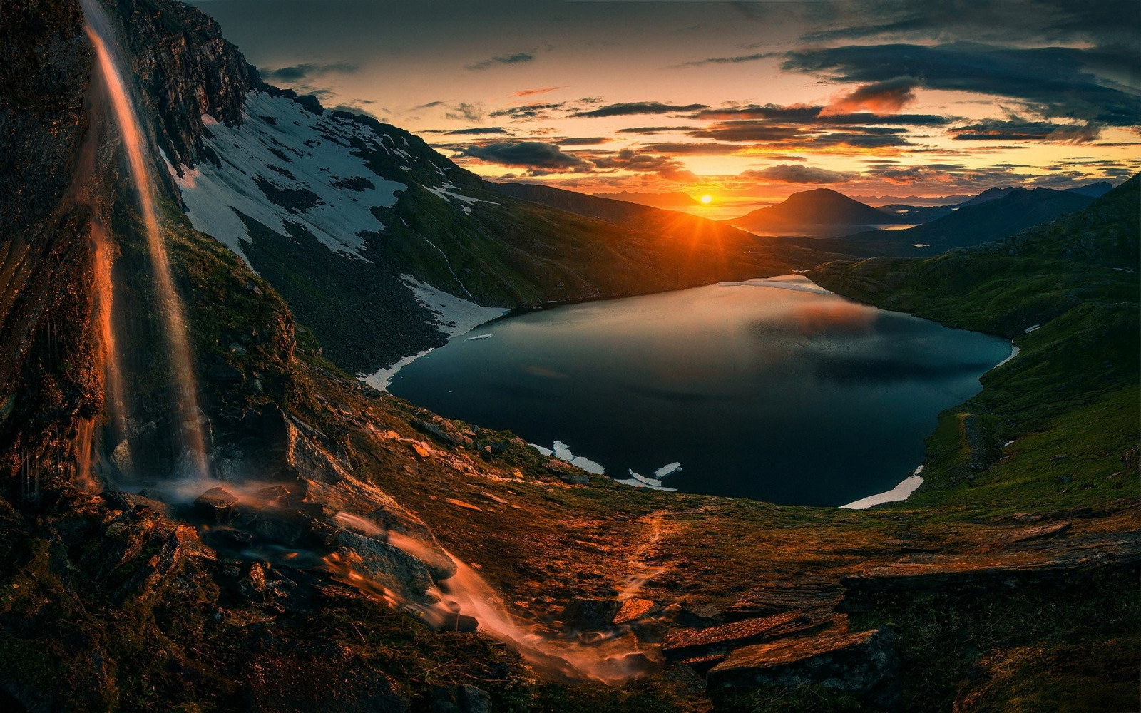 horizon, Lac, paysage, le coucher du soleil, cascade