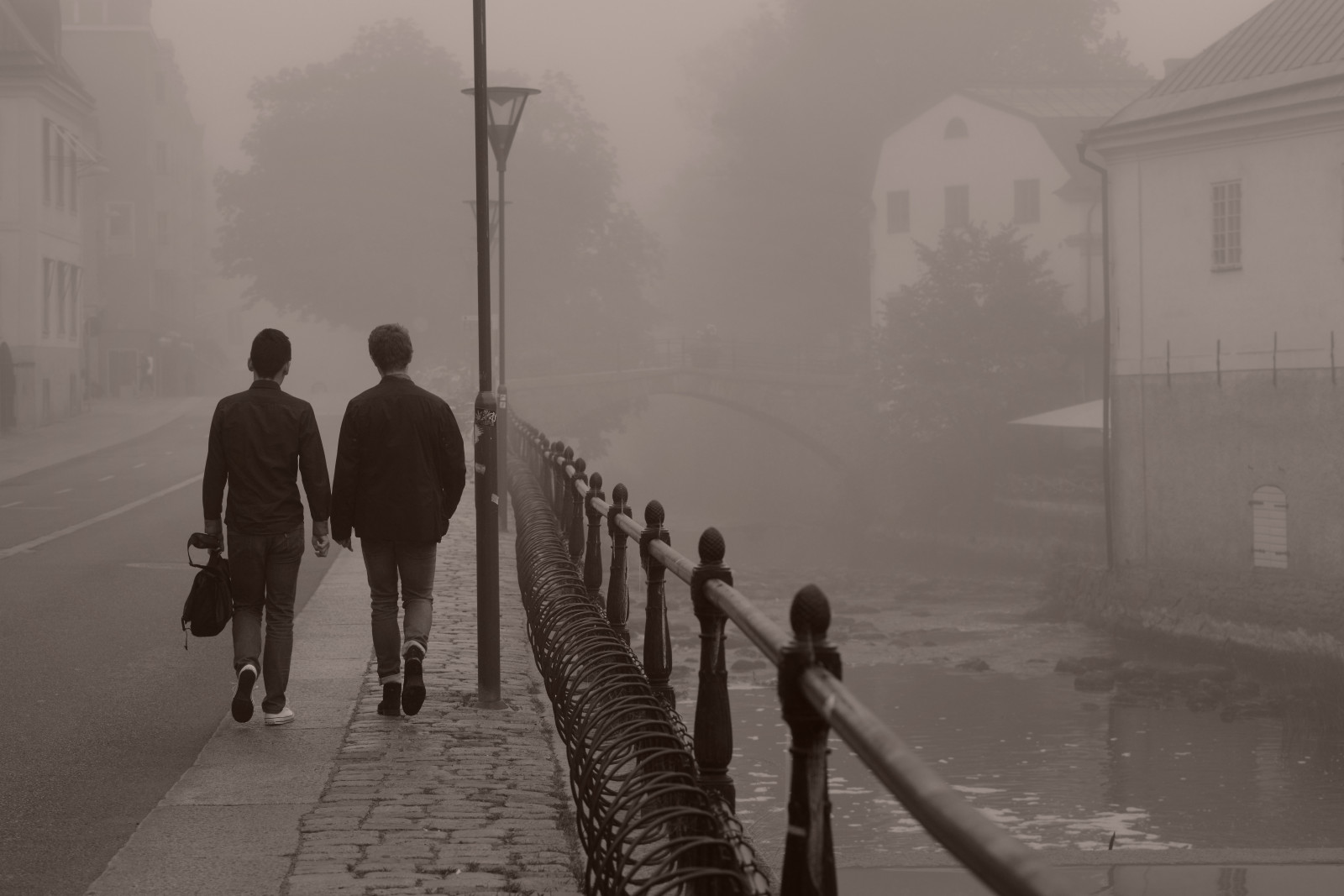 černobílý, ulice, voda, nebe, silnice, fotografování, ráno, mlha, atmosféra, opar, strom, mlha, fotosondag, dimma, odstavec, fs140921, momentka, Černý a bílý, monochromatické fotografování, jev, uppsala, Dombron