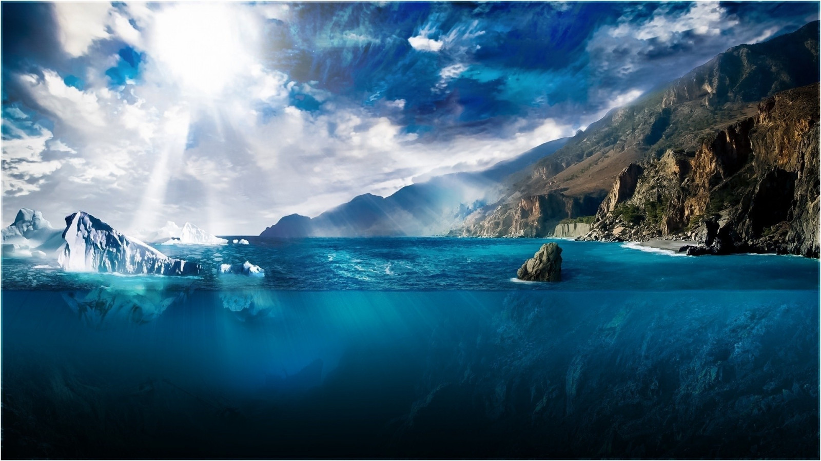 luz solar, arte digital, mar, agua, natureza, reflexão, nuvens, Iceberg, dom, embaixo da agua, Split view, oceano, onda, Captura de tela, Papel de parede do computador, Forma de relevo glacial