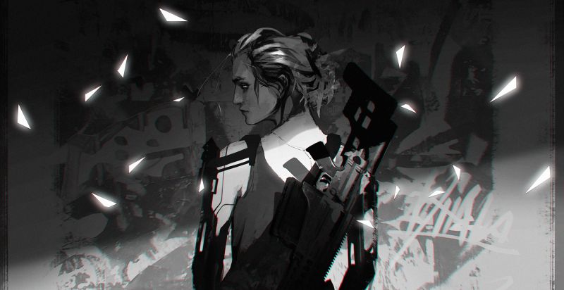 ArtStation, ženy, umělecká díla, zbraň, černobílý