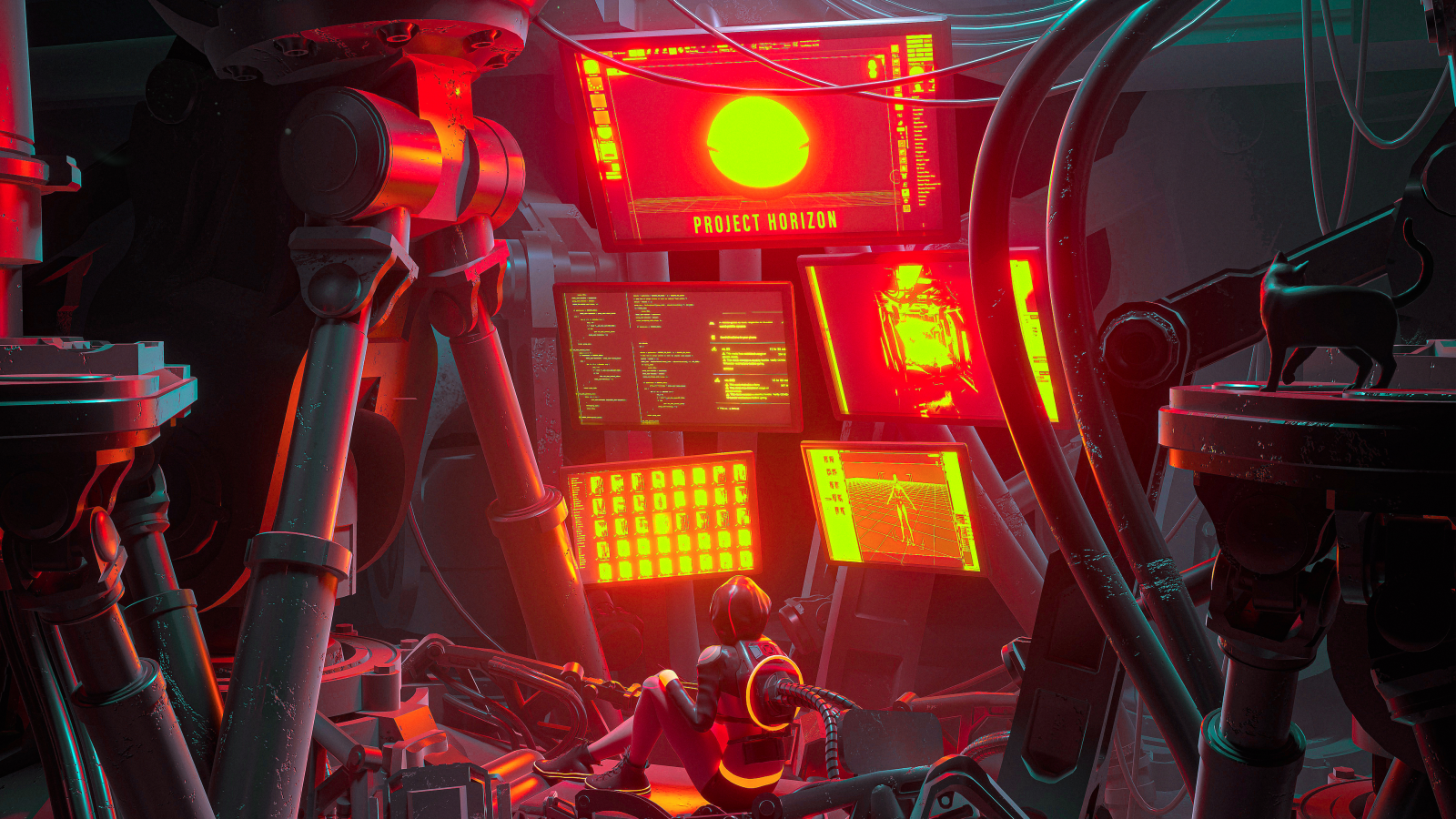 Digital kunst, kunstværk, futuristisk, science fiction, abstrakt, skærme, teknologi, katte, cyborg, sidder, Kvinder, dyr