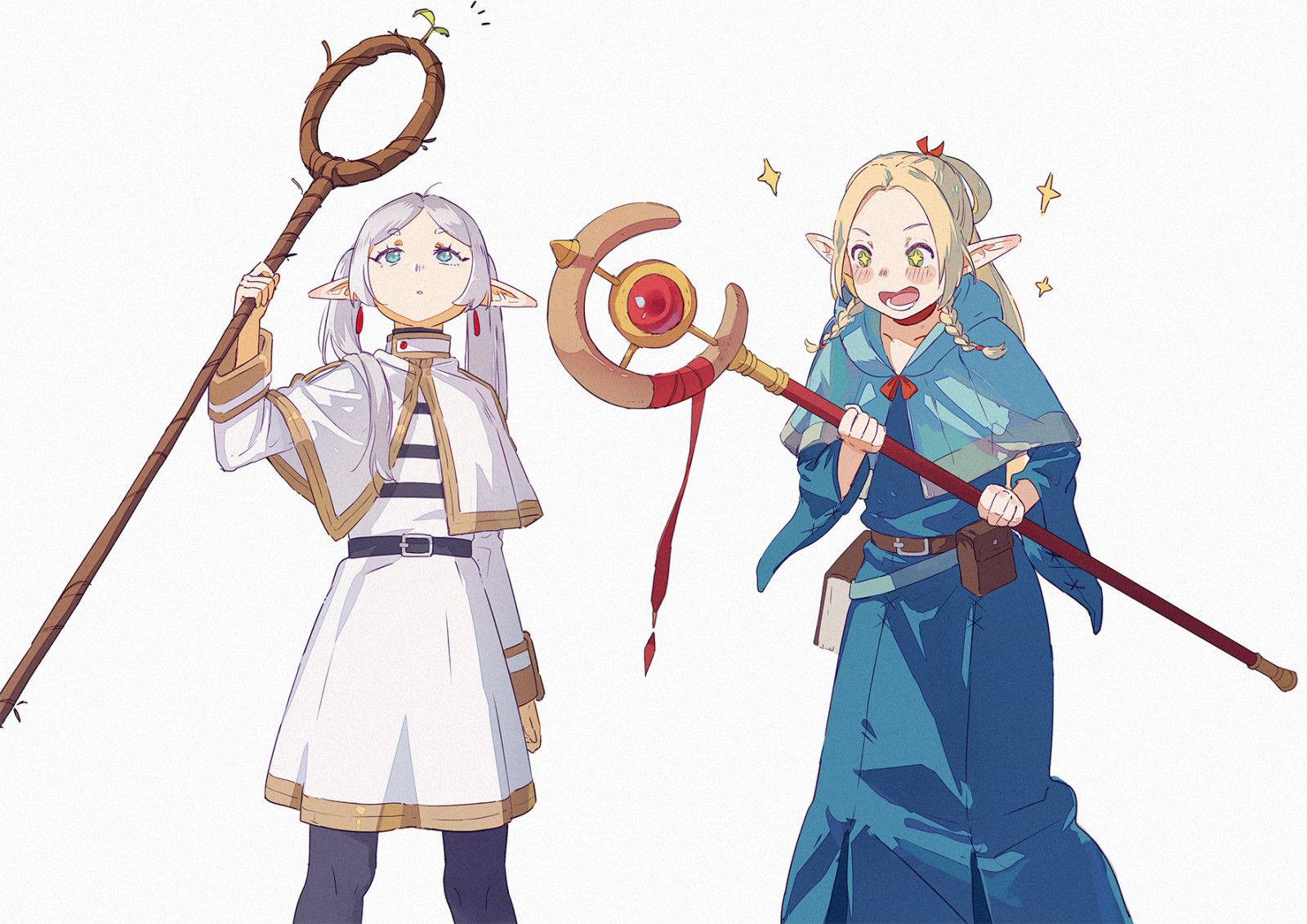 Sousou No Frieren, staff, Delicious in Dungeon, elves, anime girls, looking up, Frieren Sousou no Frieren, marcille, two women, simple background, robes, white background, skirt, long hair, pointy ears, sparkles, standing, long sleeves, capelet, happiness, open mouth, tss mire, striped shirt, crossover, twintails