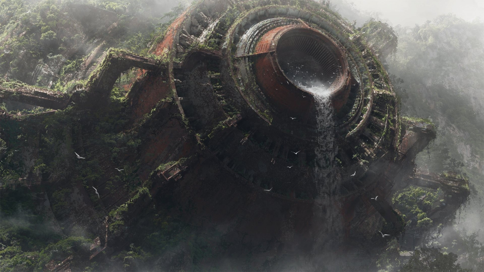 Wasserfall, digitale Kunst, Ruine, Fahrzeug, Kunstwerk, Science-Fiction, Terrain, Bildschirmfoto, Atmosphäre der Erde, Geologisches Phänomen