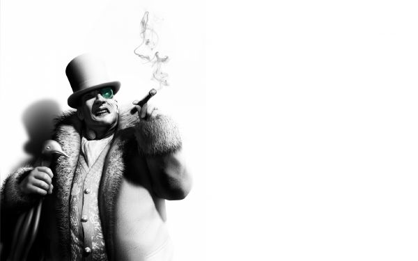 Batman Arkham City,character,black and white,penguins,cigar,hat
