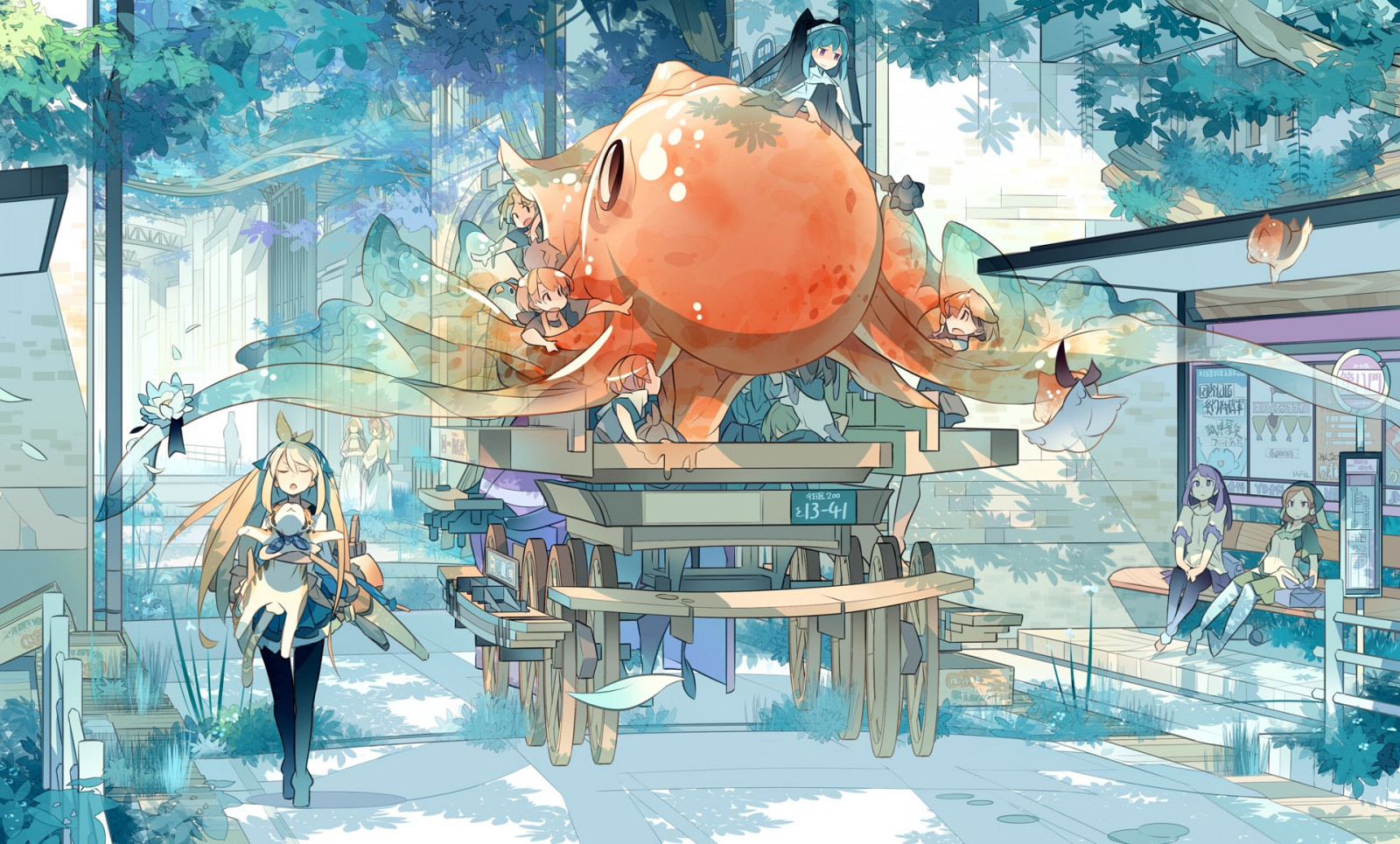 ilustrace, anime, Pod vodou, nástěnná malba, UMĚNÍ, Snímek obrazovky, fotomontáž, zábavní park, vodní park