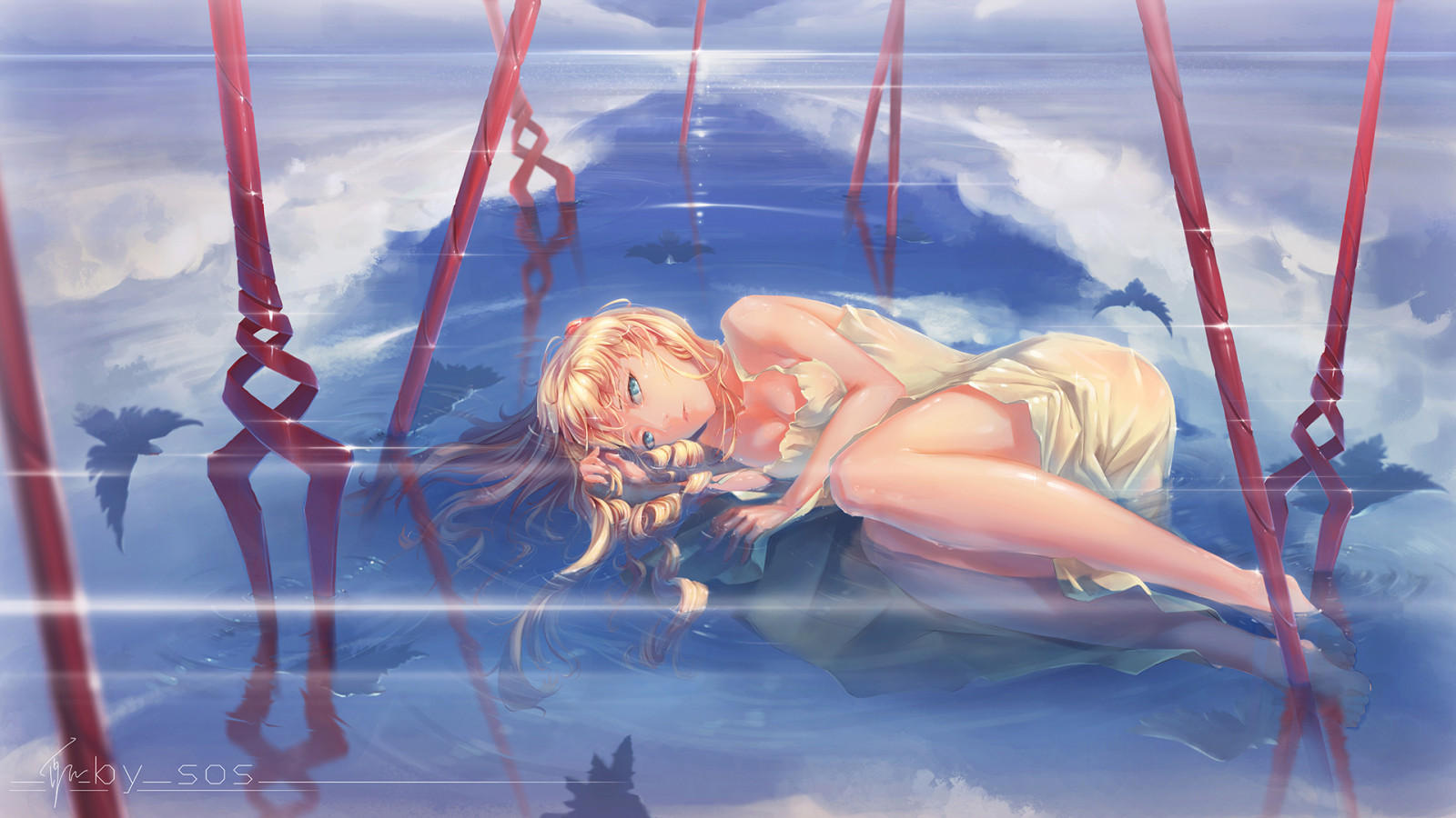 Nước, Đám mây, Neon Genesis Evangelion, Asuka Langley Soryu, Mắt xanh, tóc dài, Spear of Longinus, Chim, vàng