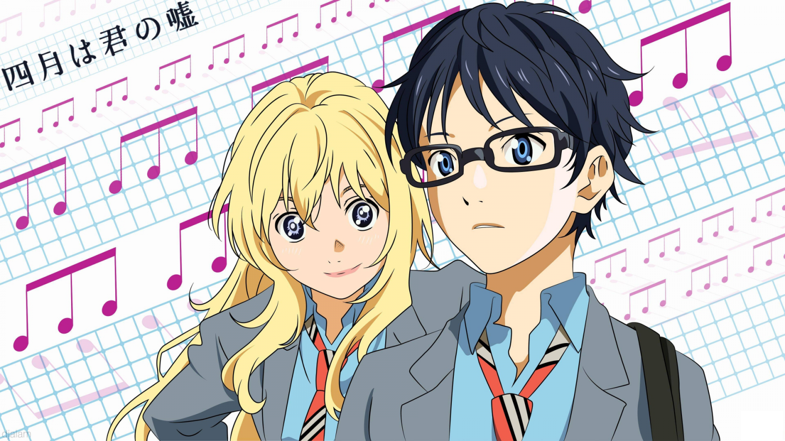 ilustrace, anime, kreslená pohádka, Shigatsu wa Kimi no Uso, Miyazono Kaori, Arima Kousei, mangaka