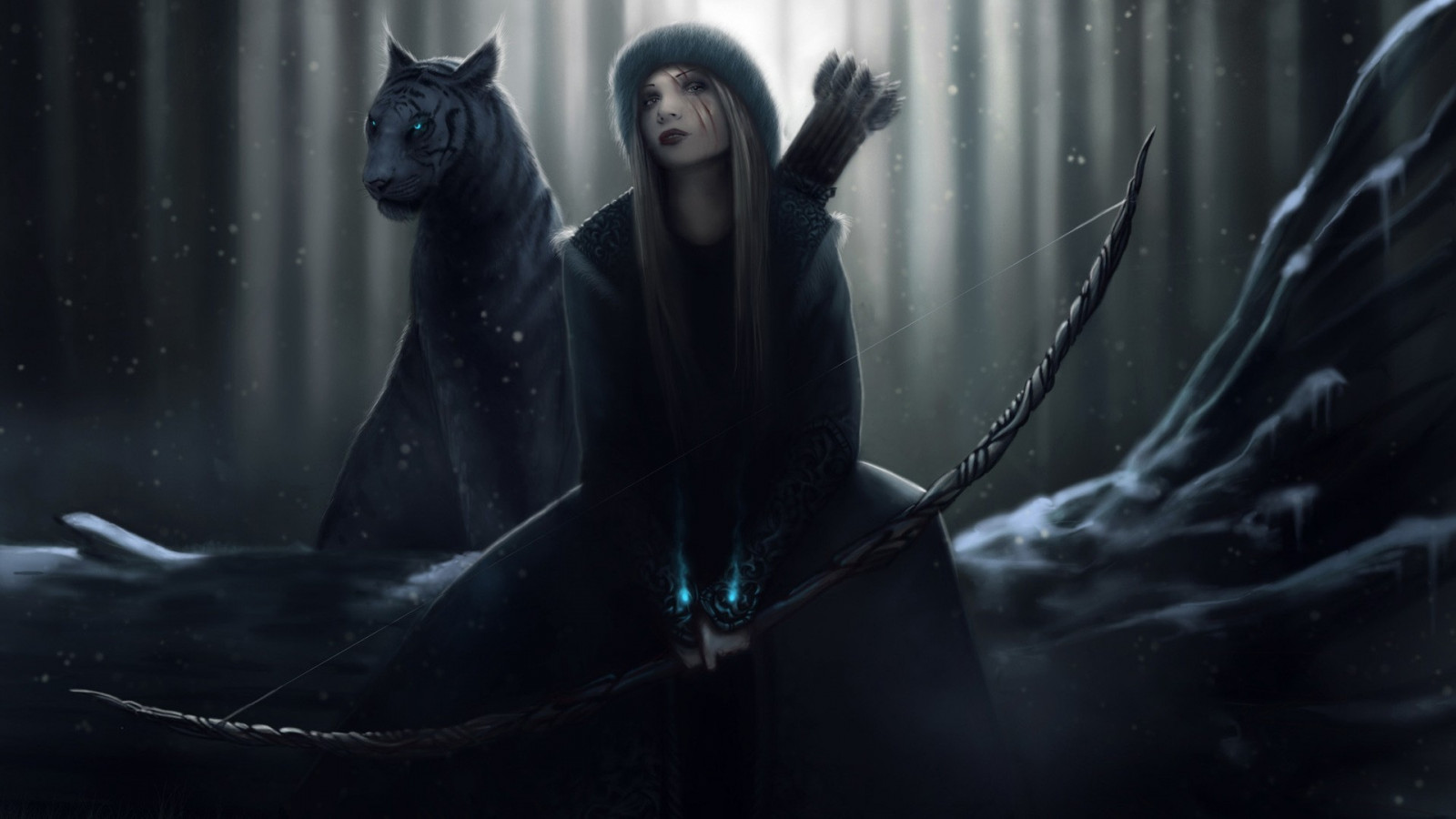 nero, animali, monocromo, Fantasy art, Fantasy Girl, anime, arciere, oscurità, immagine dello schermo, sfondo del computer, personaggio fittizio