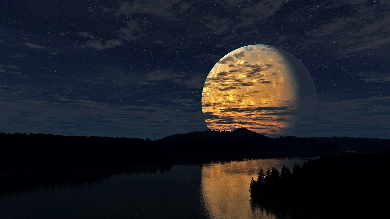 3508x1973 px, แนวนอน, ดวงจันทร์, ธรรมชาติ, การสะท้อน, ต้นไม้